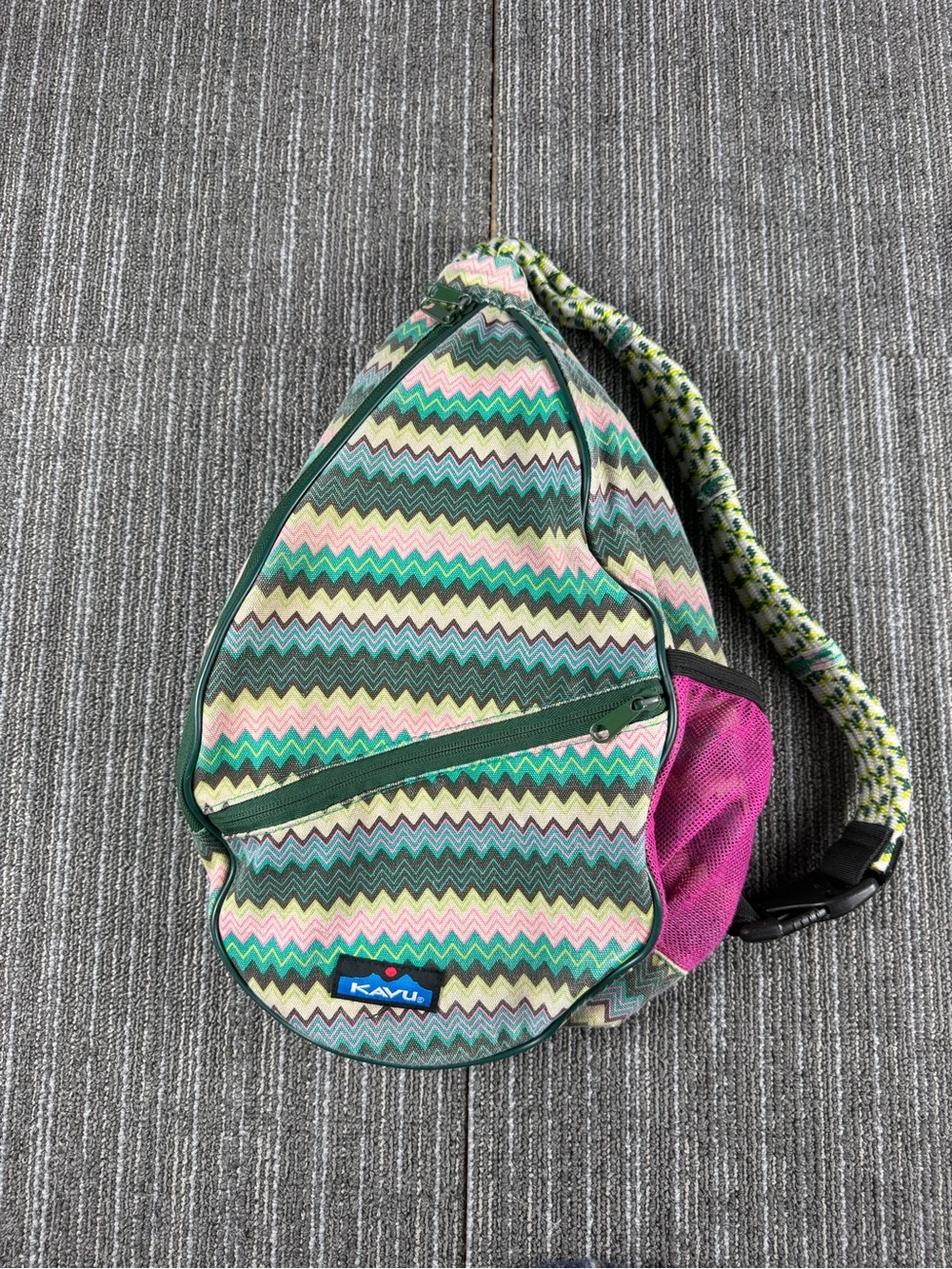 Kavu Green Multi Zigzag Sling Pack with Pink Mesh Accent